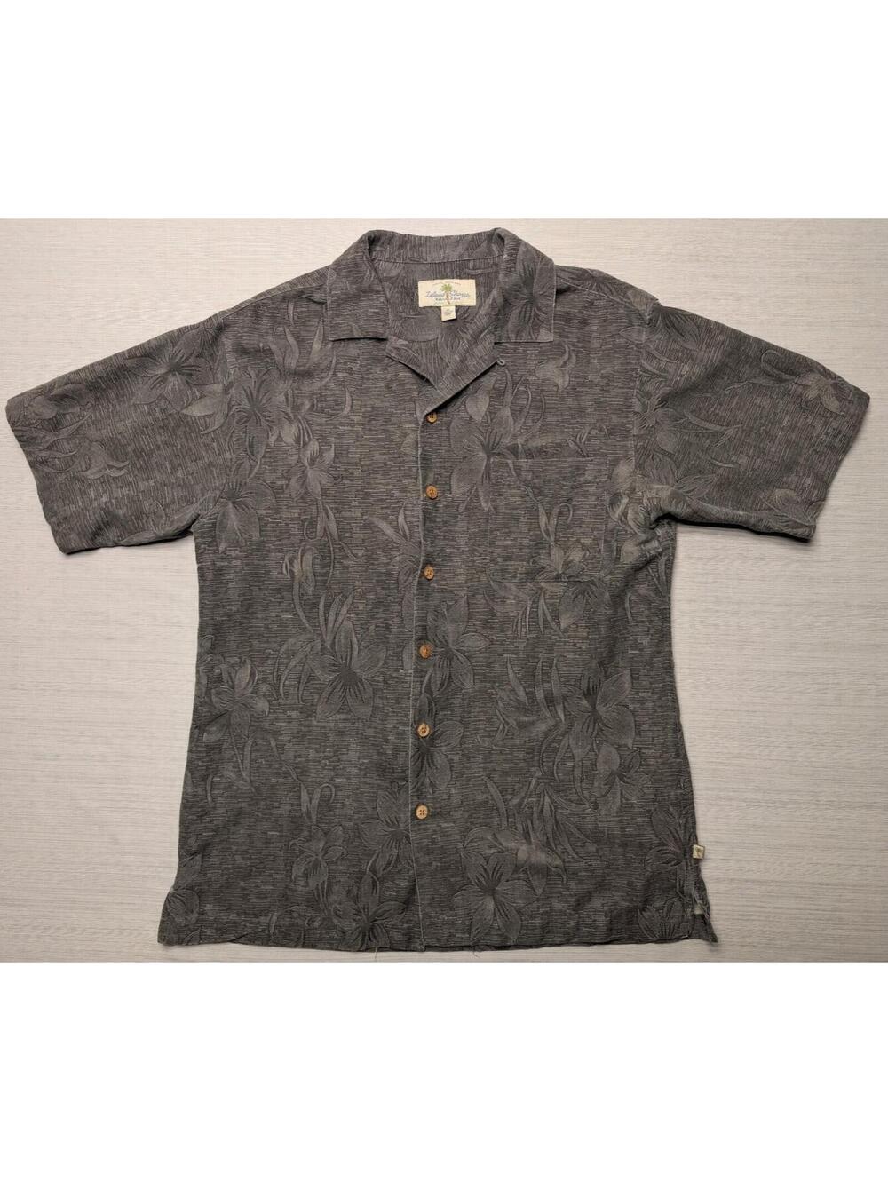 Island Shores Charcoal Hawaiian Button Down Short Sleeve Washable Silk Medium